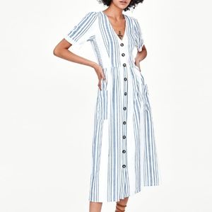 Zara Striped Midi Dress with Buttons & Pockets
